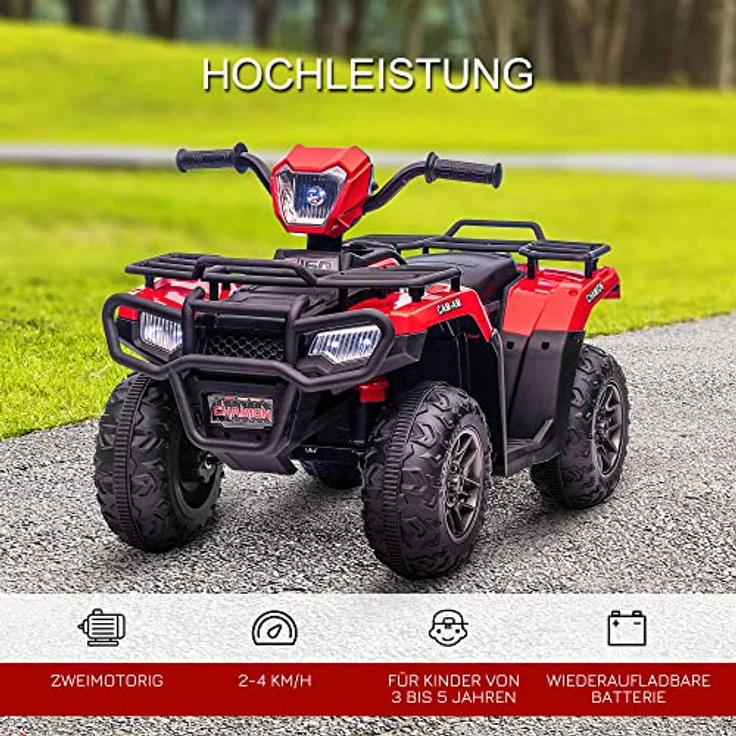 HOMCOM Elektro-Kinderquad max. 4 km/h, Kindermotorrad, LED und Musik, 25 kg Belastbarkeit, Schwarz+Rot – Bild 3