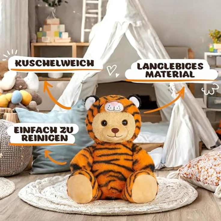 BRUBIES Teddy Tiger, 25 cm Teddybär im Tigerkostüm mit abnehmbarer Kapuze, extra weiches Plüschtier für kuschelige Abenteuer – Bild 5