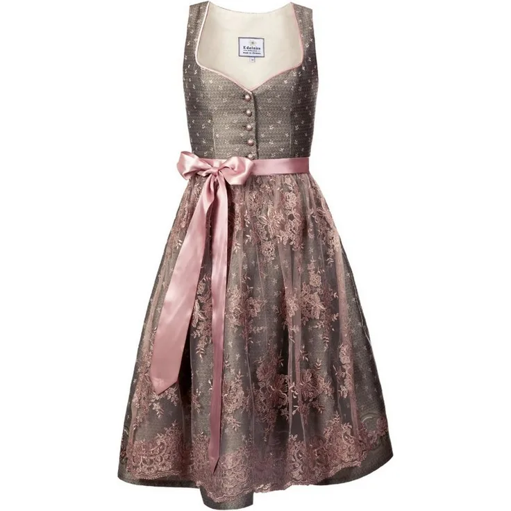 Edelnice Midi Dirndl Claire, Vintage-Charme mit roséfarbenen Knöpfen und altrosa Spitzenschürze, Damen Trachtenkleid, dunkelgrau