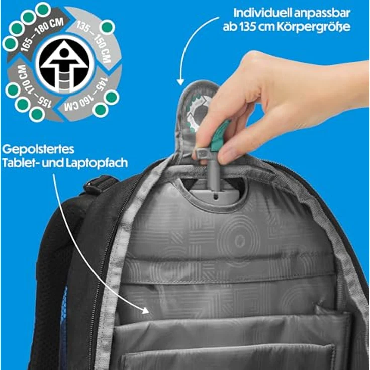 Coocazoo BYTE Schulrucksack „Electric Ice”, schwarz-blau, ergonomisch, höhenverstellbar mit Brust- und Hüftgurt, geeignet ab der 3. Klasse – Bild 5