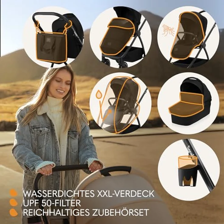 Lionelo Meril 3-in-1 Kombikinderwagen, XL-Babywanne bis 9 kg, ADAC-zertifizierter Kindersitz bis 13 kg, geländegängige Gummiräder, vollgefederte Konstruktion - Black – Bild 8