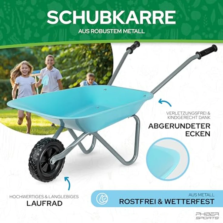 PHIBER-SPORTS Schubkarre Kinder aus Metall mit Gartenwerkzeug Set – inkl. Schaufel, Kinderbesen, Kinderrechen, Laubrechen, wetterfeste Sticker – perfekt für Garten & Strand – Bild 2