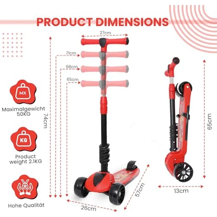 Habib Gruppe 3-in-1 Kinderroller mit Sitz, höhenverstellbar, faltbar, LED Räder, geeignet für Kinder ab 3 Jahren (bis 50kg), Rot – Bild 3