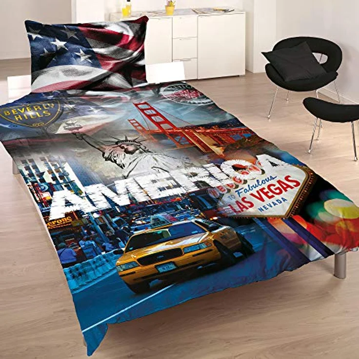 BERONAGE USA Bettwäsche-Set Stars and Stripes 135x200 + 80x80 cm 100% Baumwolle Amerika Bettbezug Blau Weis Rot New York Taxi Las Vegas San Francisco Stern-e Sternchen 2 Motive deutsche Größe Reißverschluss – Bild 2
