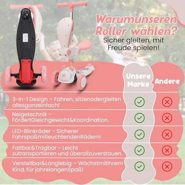 Habib Gruppe Kinderroller Tretroller 3-in-1 Faltbar mit Sitz, LED-Rädern, verstellbar & leicht für Kinder (1-12 Jahre), pink – Bild 4