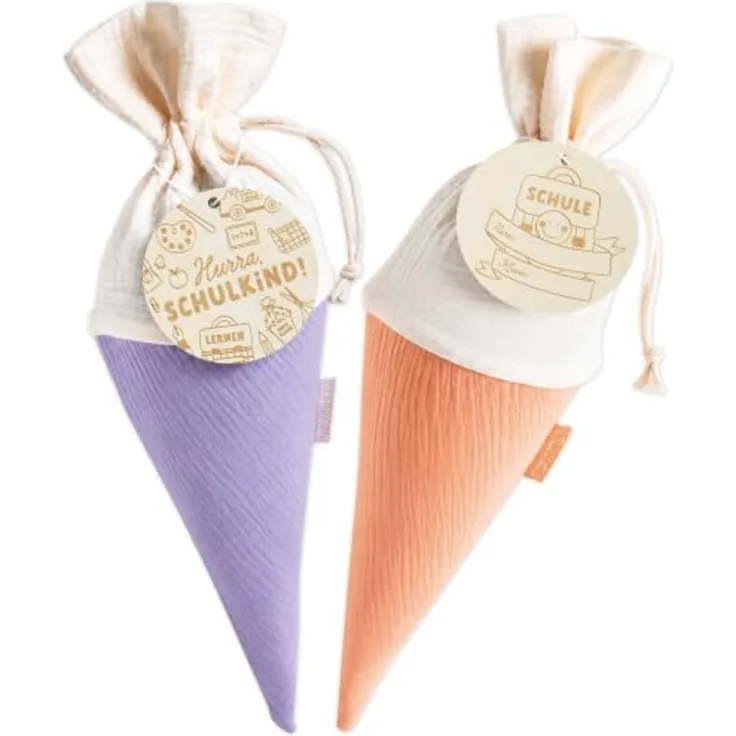 Papierdrachen 2 Schultüten Mini aus Musselin, lila & orange, personalisierbar mit Holzanhängern, 47,5 x 18 cm - Geschwistertüte zur Einschulung