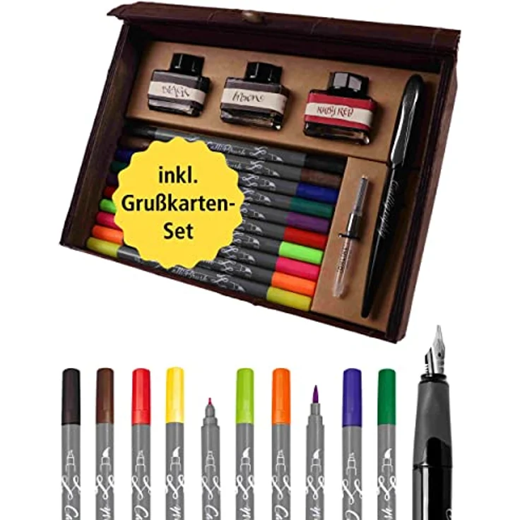 Online INSPIRATION LINE - Master Set, Schreibstifte in natürlicher Bamboo Box mit Schönschreibfüller, Kalligrafie-Feder und 10 Calli.Brush Pens (Mehrfarbig) – Bild 1