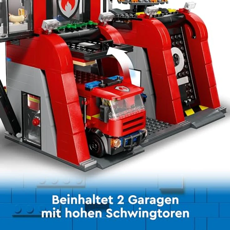 LEGO City Feuerwehrstation mit Drehleiterfahrzeug, Feuerwehr-Spielzeug mit Feuerwache und Feuerwehrauto, Geburtstagsgeschenk für Kinder ab 6 Jahren, Set mit Hund und 5 Minifiguren 60414 – Bild 3