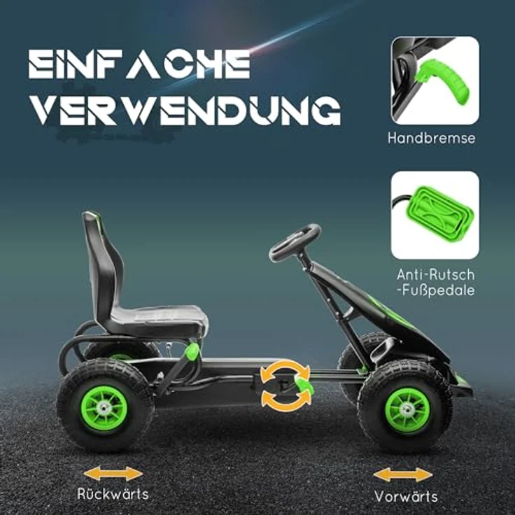 HOMCOM Gokart, Kinderfahrzeug mit verstellbarem Sitz, Tretauto mit Gummireifen, Pedal und Handbremse, Kettcar für Kinder ab 5 Jahren, Outdoor, Grün+Schwarz – Bild 4