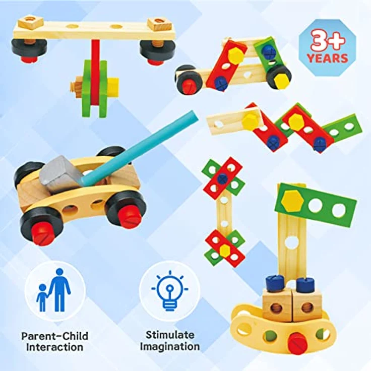Withosent Werkzeugkoffer Kinder Holz, 34 Stück Werkzeug Kinder Holzspielzeug, Werkzeugsatz Holzwerkzeugen, DIY Autos Spielzeuge kinderspielzeug ab 3 Jahre Jungen Mädchen – Bild 5
