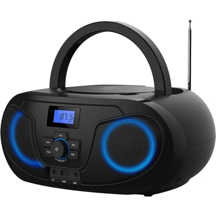 Silva Schneider MPC 25.7 BT, Tragbarer CD-Player mit Bluetooth, UKW-Radio, USB-MP3 Wiedergabe, Stereo Sound, 5 Klangprofile, LCD-Display, LED-Beleuchtung, Netz- & Batteriebetrieb, AUX & Kopfhörer – Bild 2
