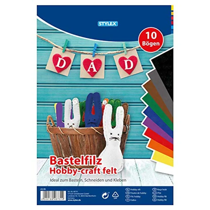 Stylex 46731 - Bastelfilz, 20 x 30 cm, 10 Bogen, sortiert in 10 verschiedenen Farben, ideal zum Basteln, Schneiden und Kleben