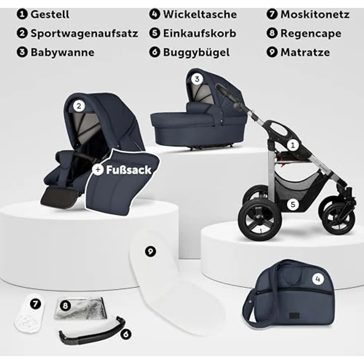 Bergsteiger Capri Kombikinderwagen 2-in-1, Babywanne & Sportsitz mit Luftreifen, Federung, höhenverstellbarem Griff, faltbar, inklusive Zubehör – Bild 3