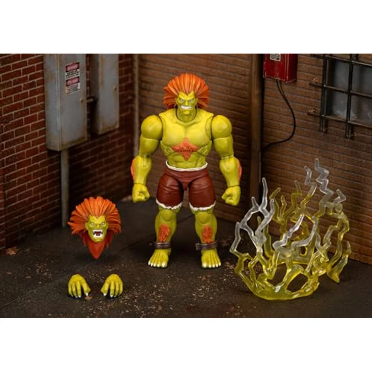 Jada Toys Street Fighter Figur Blanka, 19 cm bewegliche Actionfigur mit alternativem Kopf, Händen und Electric Thunder Zubehör, grün, ab 13 Jahre – Bild 2