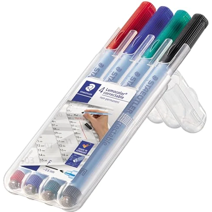 STAEDTLER Folienstifte farbsortiert non-permanent, 4 St., nachfüllbar, lichtbeständig, Rundspitze 1,0 mm, kräftige Farben (rot, blau, grün, braun) – Bild 1