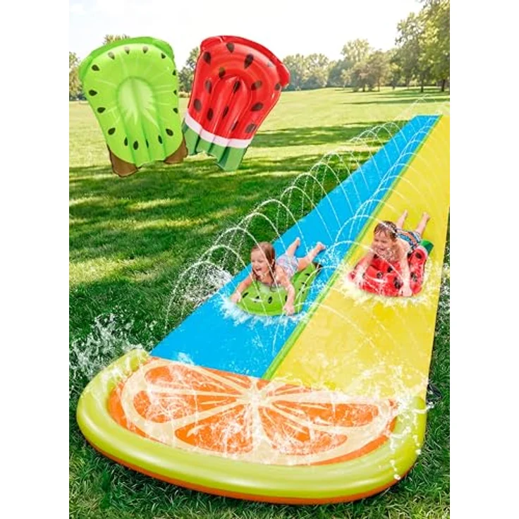 Sloosh Slip Slide 2-Personen-Wasserrutsche mit Sprinkler und 2 Boogie-Boards, 609 x 157 cm, Hai-Design – Bild 1