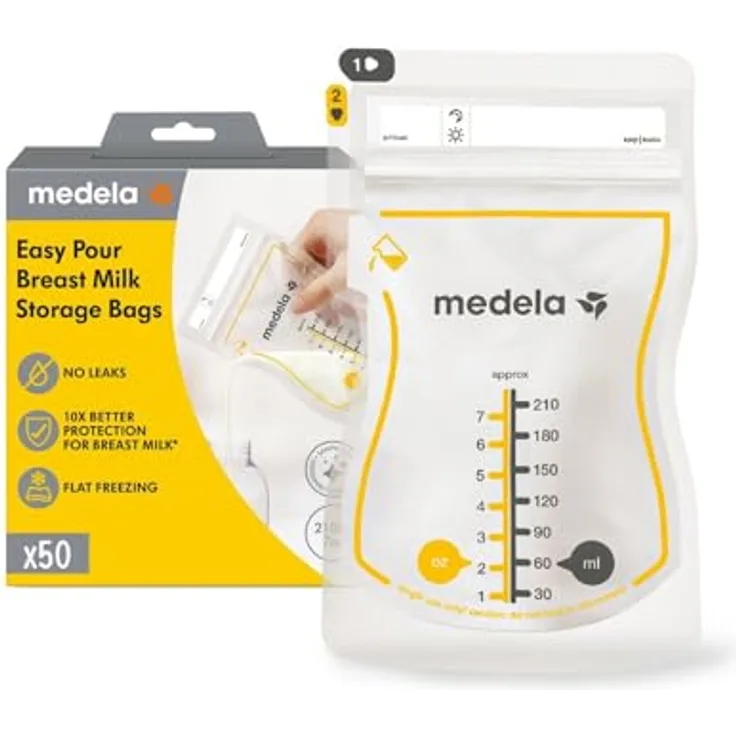 Medela Easy Pour Beutel zum Aufbewahren von Muttermilch, 50 Stück, zweischichtiges Material, sicherer Verschluss, robuste Beutelöffnung