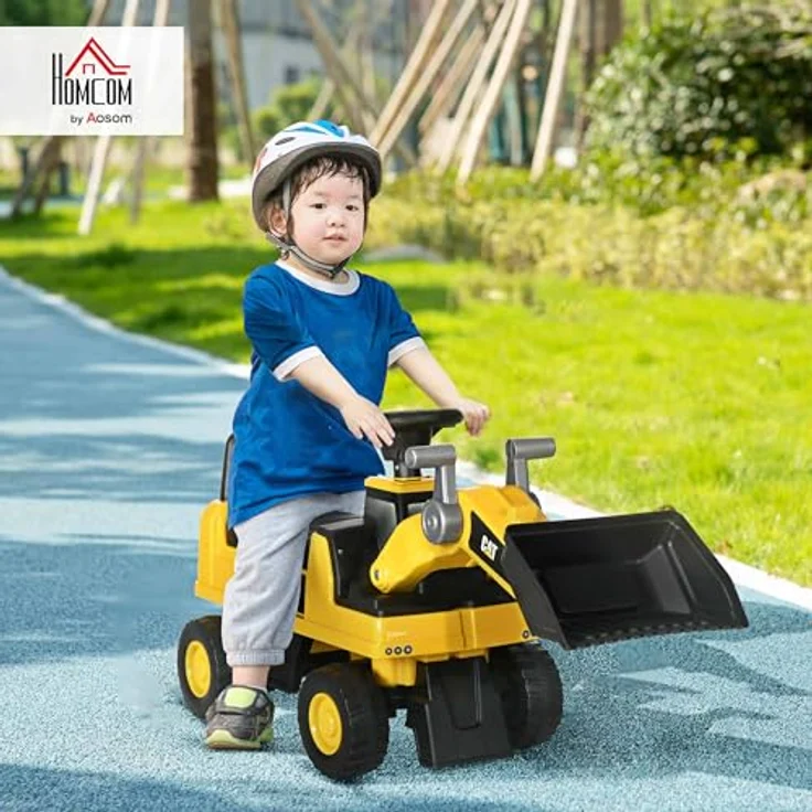 HOMCOM Sitzbagger, Rutscherfahrzeug mit Schaufel, Aufsitzbagger, Kinderbagger zum draufsitzen mit Hupe, Stauraum unter Sitz, Rutschauto für Kinder ab 12 Monaten, Gelb+Schwarz, 78 x 29,5 x 54 cm – Bild 3