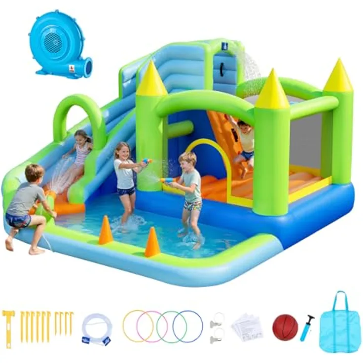 VEVOR Aufblasbare Wasserhüpfburg mit Wasserrutsche, Basketballkorb und Planschbecken, für 3–4 Kinder (3 bis 8 Jahre), 344 x 374 x 213 cm, bunt