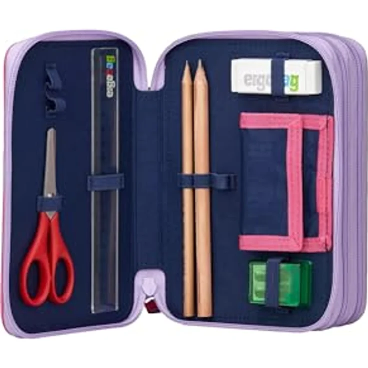 ergobag Maxi Mäppchen Set 40-Teilig, Lyra Bunt- und Filzstifte, Kleingeld Fach, Lineal, Schere BlütenzauBär - Lila – Bild 3