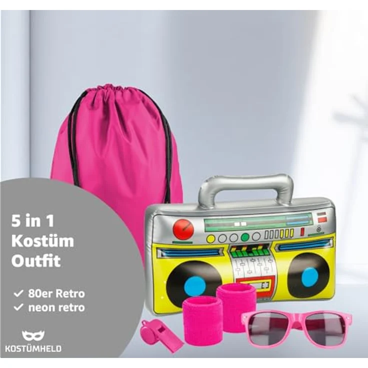 TK Gruppe Timo Klingler 5 in 1 - Retro pink Set mit Stirnband & Ghettoblaster uvm. - als Accessoire Vokuhila Kostüm zu Retro neon 80er 90er Fasching & Karneval – Bild 3