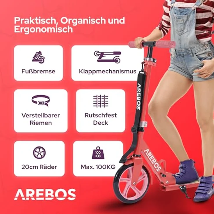Arebos Tretroller klappbar, höhenverstellbar 78–93 cm, bis 100 kg, für Kinder ab 6 Jahren, rot – Bild 4
