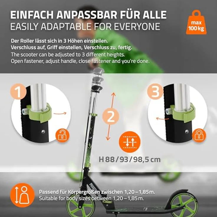 Hauki Cityroller Scooter Grün, klappbar & höhenverstellbar, XXL-Räder, Tritt-Bremse, Kick Roller für Kinder & Erwachsene bis 100kg – Bild 6