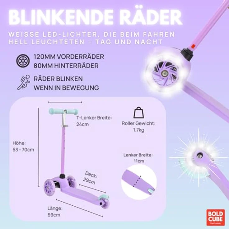 BOLDCUBE Teeny 3-Rad-Tretroller, verstellbarer Lenker, blinkende Räder, geeignet für 2-6 Jahre – Bild 4