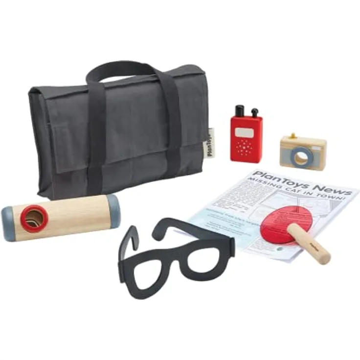 PlanToys Detektiv-Set, Experimentierkasten mit Brille, Walkie-Talkie, Kamera und Periskop, Holzspielzeug