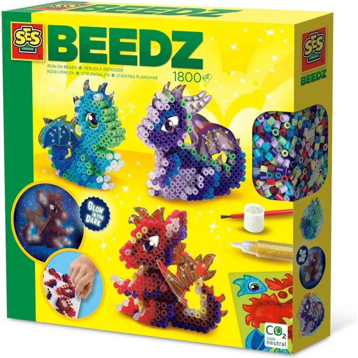 SES Bügelperlen SES Creative Bügelperlenset Glow in the Dark Drachen, 1800 bunte Bügelperlen, 3D-Drache