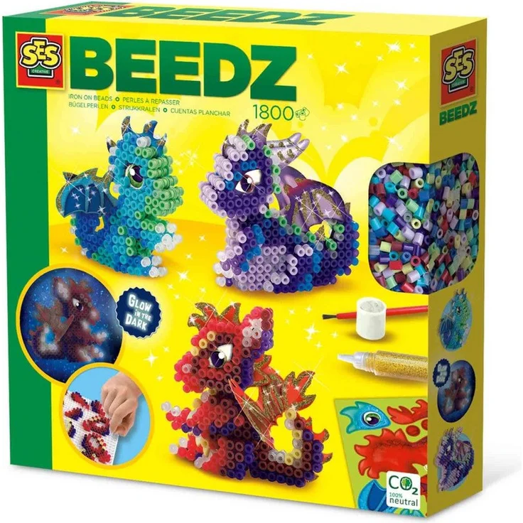 SES Bügelperlen SES Creative Bügelperlenset Glow in the Dark Drachen, 1800 bunte Bügelperlen, 3D-Drache – Bild 1