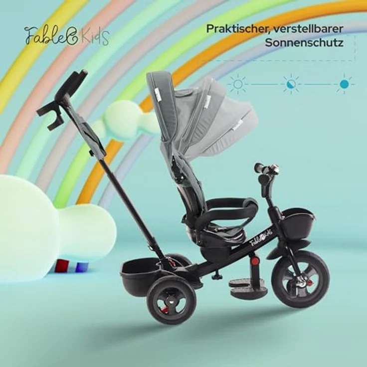 FableKids 5in1 Dreirad Noemi mit Schubstange ab 18 Monate bis 25kg, Vorwärts und Rückwärtsfahrt, PU-Reifen, Freilauf geräumiger, Korb, Tasche, Getränkehalter - Grau – Bild 4