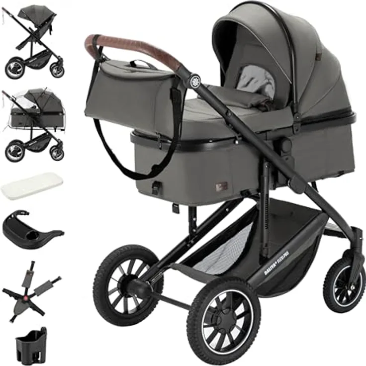 Daliya® FLEXI-PRO M 2in1 Kombikinderwagen, Buggy und Sportwagen, klappbar mit Liegefunktion, höhenverstellbar und abnehmbarer Babywanne, Grau-Grün