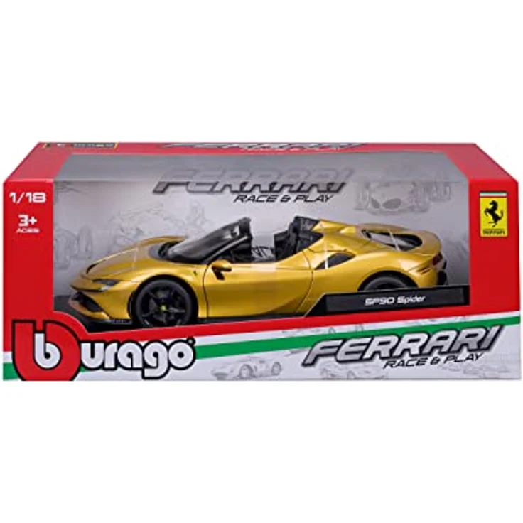 Bburago Ferrari SF90 Spider, Modellauto im Maßstab 1:18, bewegliche Motorhaube, Kofferraum und Türen, Gold, Race & Play Serie (18-16016) – Bild 4