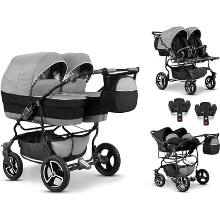 Elcar Zwillingskinderwagen 5 in 1 Twin Star inkl. Autositze und Iso Bases - 14 Teile - Federung und 360° schwenkbare Vorderräder - in 16 Farben
