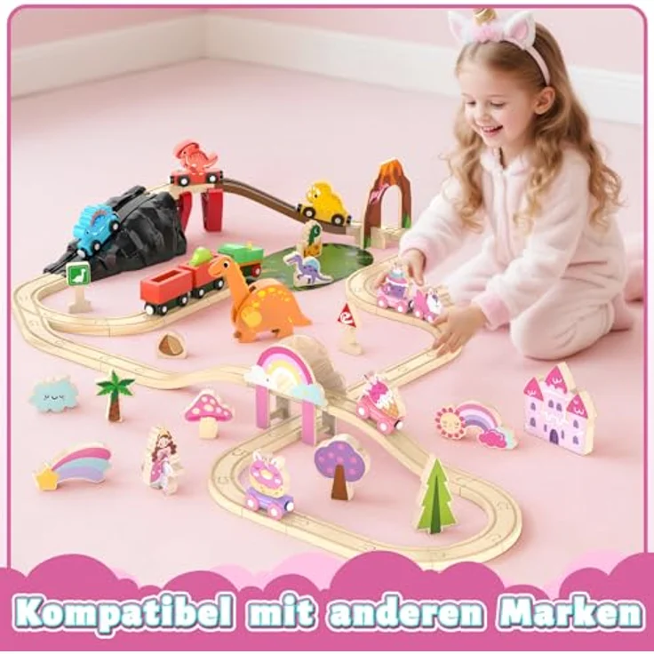 Lehoo Castle Holzeisenbahn, 38-teiliges Einhorn-Set für Mädchen, rosa, kompatibel mit Holzschienen, ideales Geschenk ab 3 Jahren – Bild 4