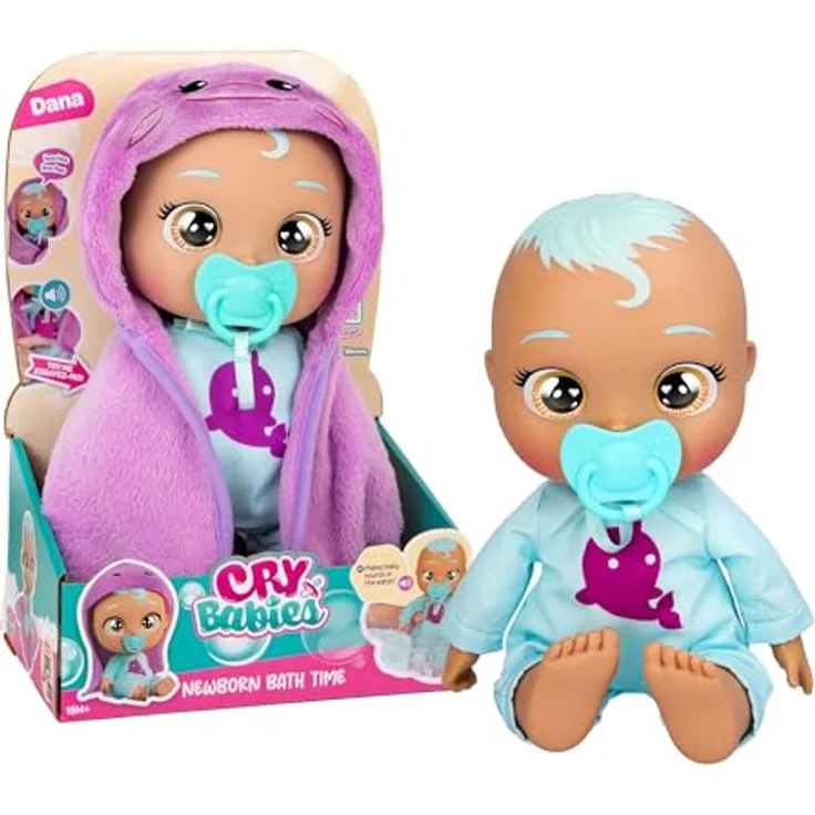 Nerf Cry Babies Dana, Neugeborene Puppe für das Bad mit realistischen Geräuschen und echter Tränenfunktion, inklusive personalisiertem Handtuch – Bild 1