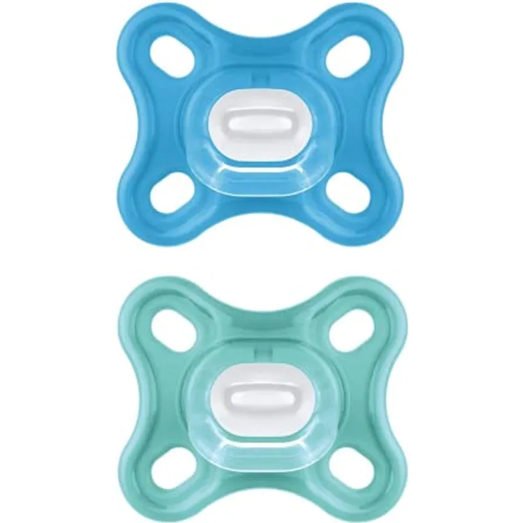 MAM Comfort Schnuller 2er Set 0-2 Monate - Schnuller Set für Früh- und Neugeborene - 100% MAM SkinSoft Silikon mit Schnullerbox - blau/türkis
