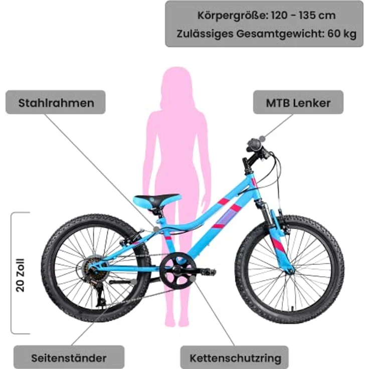 Galano GA20 Kinderfahrrad 20 Zoll 120 - 135 cm Mädchen Jungen Fahrrad ab 5 Jahre Mountainbike 7 Gänge MTB Hardtail Kinder Fahrrad blau, 26 cm – Bild 2
