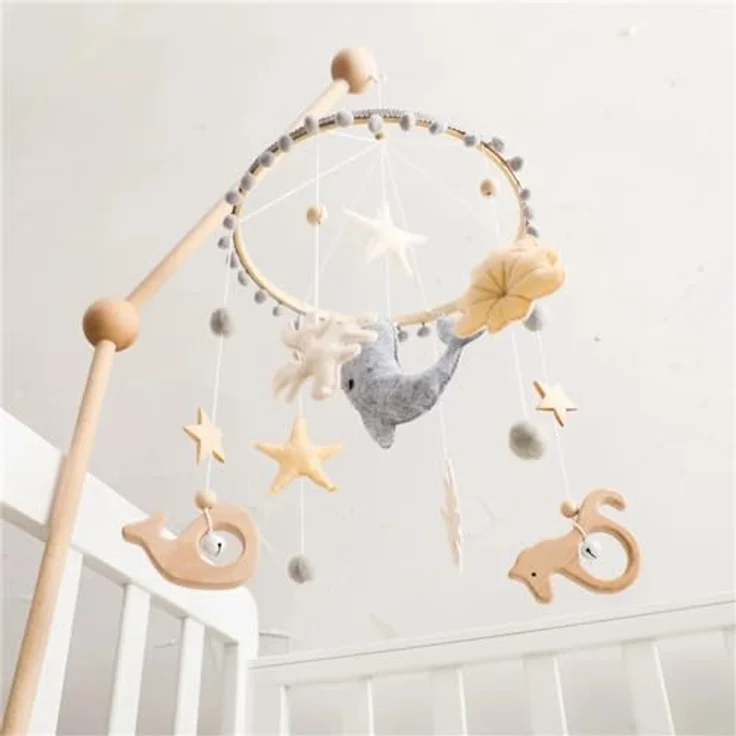 Herfair 3D Delphine Mobile Baby Holz mit Filzbällen, handgefertigtes Windspiel für Babybett, grau – Bild 4