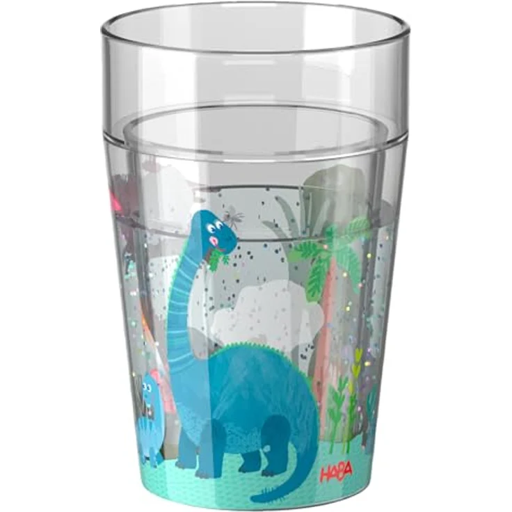 Haba Glitzerbecher 150 ml, Kindertrinkbecher mit Dino-Motiv und Glitzerpartikeln, robust und handwaschbar – Bild 1