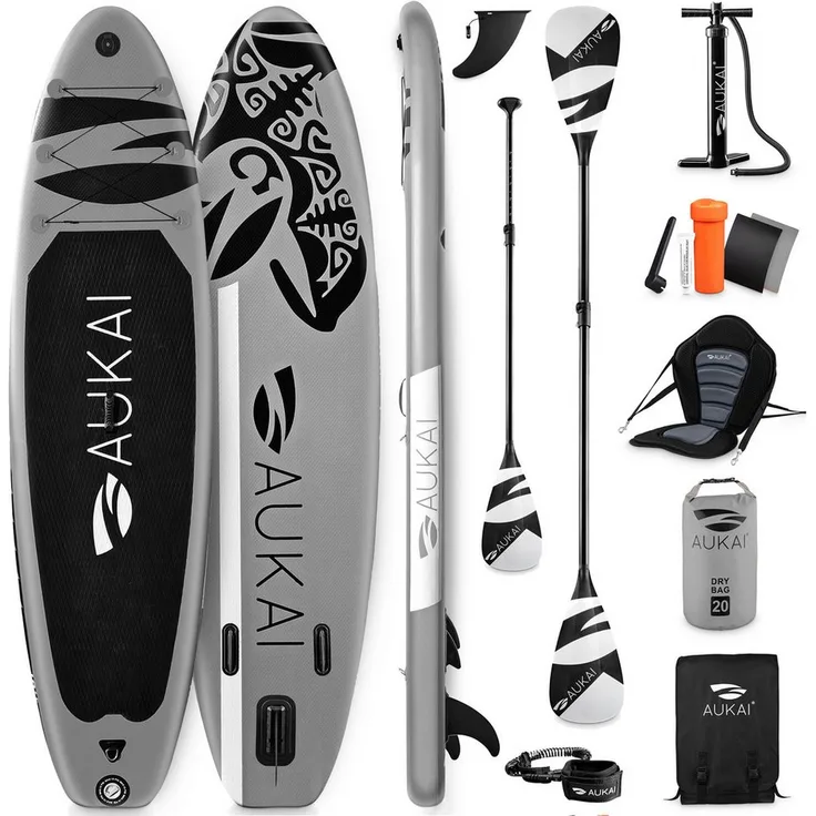 Aukai SUP-Board PRO 320cm, 2in1 Aufblasbares Set mit Kajak-Sitz, Teleskoppaddel, 3-Wege-Hochdruckpumpe, Rucksack, AquaBag, bis 200kg belastbar, 5 Jahre Garantie
