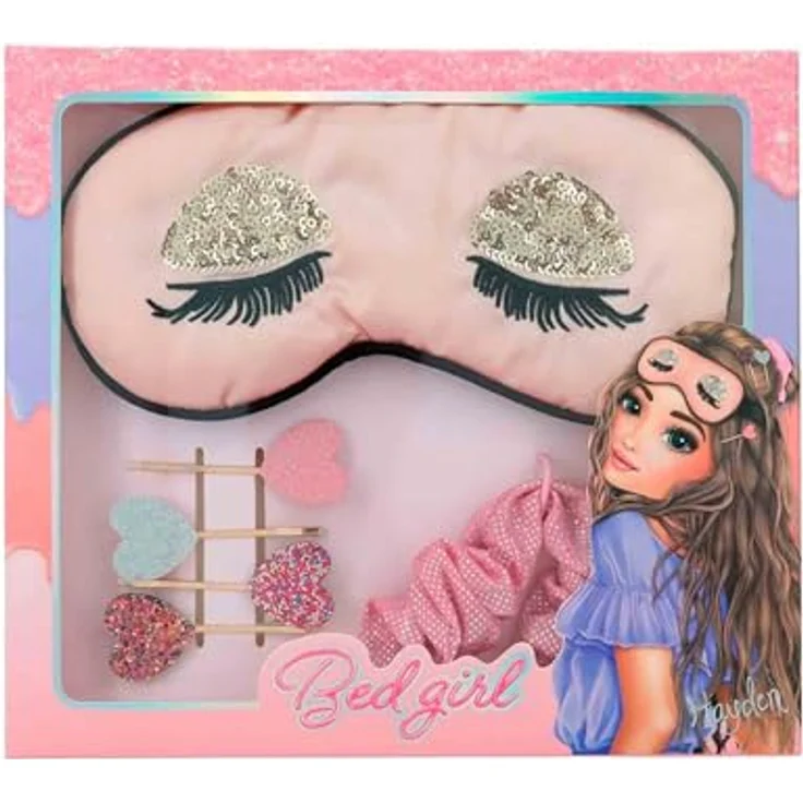 Depesche TOPModel Schlafmasken Set Beauty and Me, Rosa und Pink mit Glitzer, inkl. Maske mit Schlafaugen, Scrunchie und Haarklammern – Bild 1