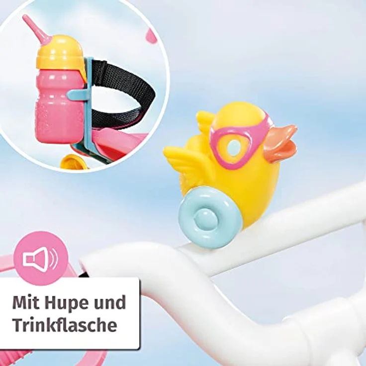BABY born Puppenfahrrad 835449, rosa mit Stützrädern, Sicherheitsgurt, Blinklicht, Hupe und Flasche für 43cm Puppen – Bild 5