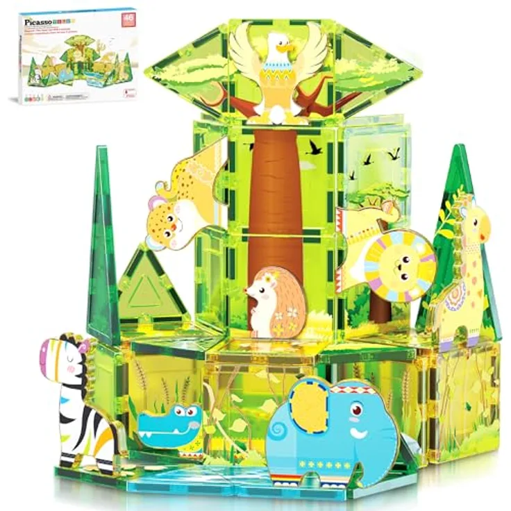 PicassoTiles PTQ12, Magnet Tile Building Block Safari Set mit 8 Tierfiguren, kreative Konstruktionsspielwaren für Kinder ab 3 Jahren