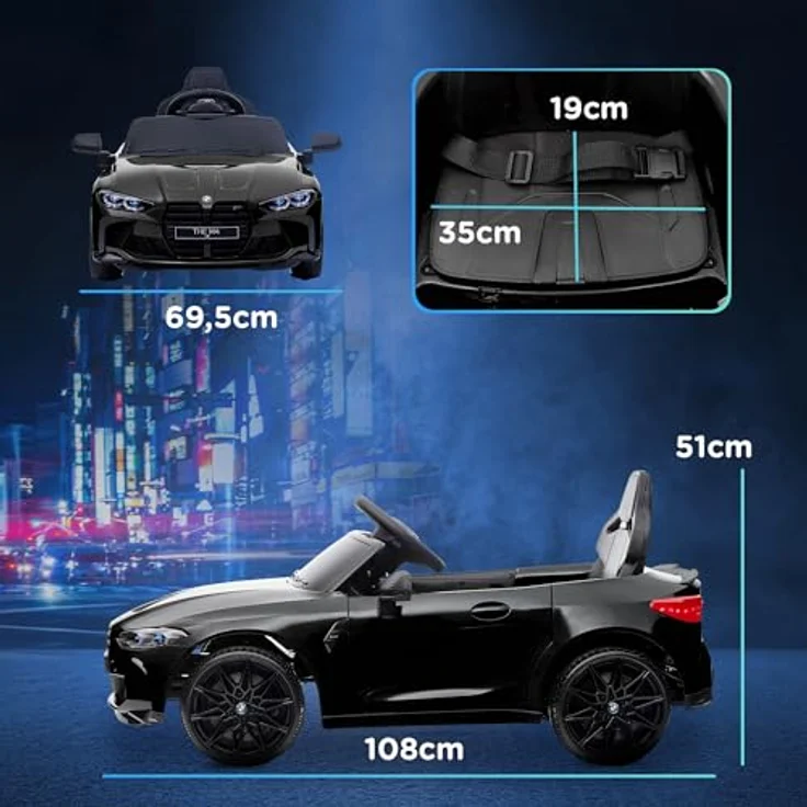 AIYAPLAY Elektro-Kinderauto 12V mit 2,4G-Fernbedienung, MP3, USB, LED-Lichte, Hupe, 25 kg Belastbarkeit, Schwarz – Bild 5