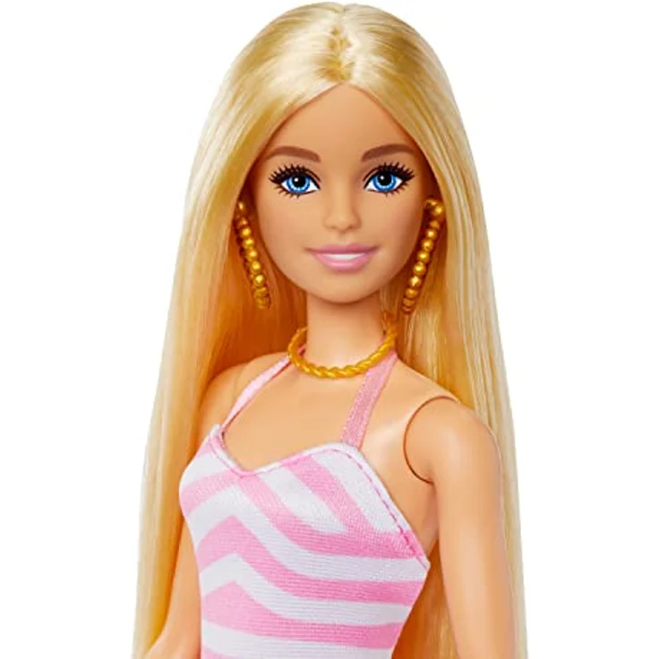 BARBIE - Blonde Puppe mit pink-weißem Badeanzug, Sonnenhut, Tragetasche und Strand-Accessoires, für Kinder ab 3 Jahren, HPL73 – Bild 3