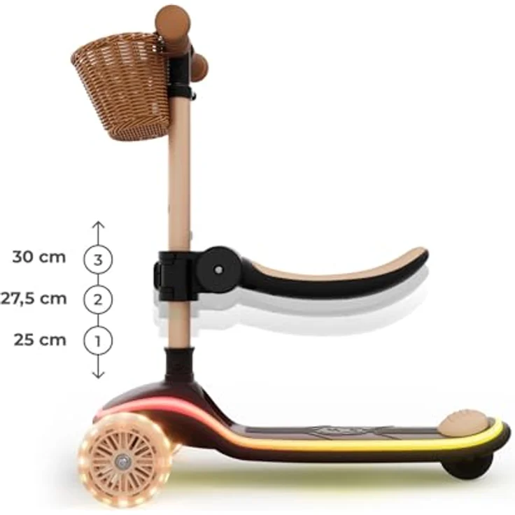 Kinderkraft RAKET UP 2-in-1 Scooter, mit Sitz, LED Trittbrett, RGB Rollen, klappbar, verstellbarer Lenker, für Kinder, Beige – Bild 4