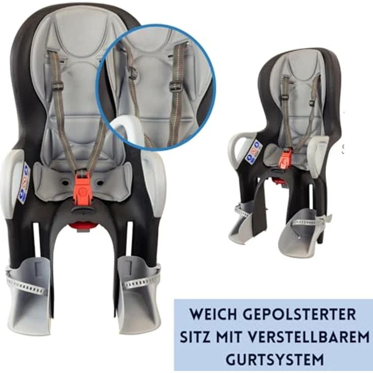 OK Baby Fahrradkindersitz, Schwarz Grau, für Kinder ab 9 Monaten bis 22 kg mit Polsterung und Regenschutz – Bild 3