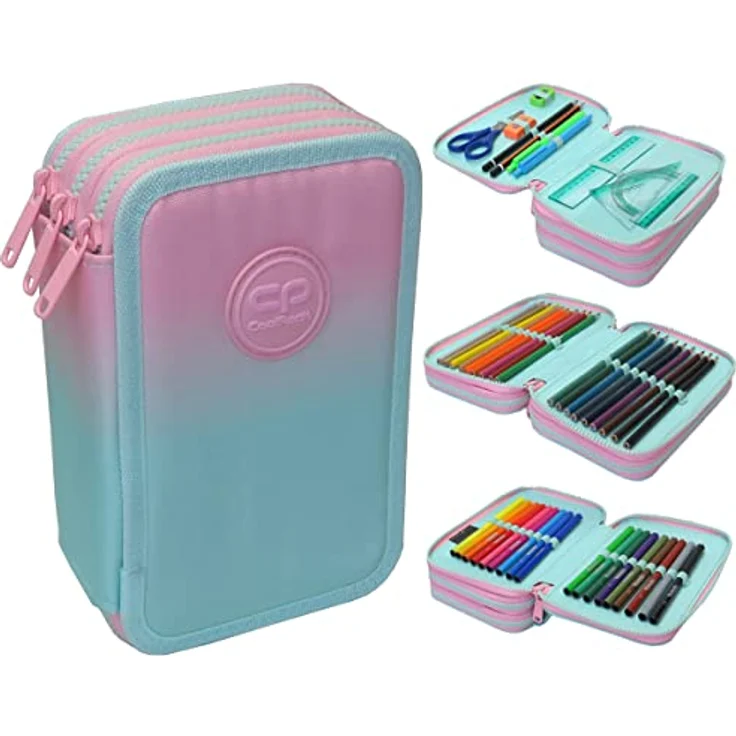 CoolPack XXL Pencil Case 3-Compartment, Ombre Pink Gradient, 44-teiliges gefülltes Federmäppchen mit 3 Kammern, langlebiges Polyester – Bild 2